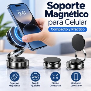 Soporte magnético para celular con diseño plegable, ideal para colocar el teléfono sobre superficies planas. Venta por mayoreo