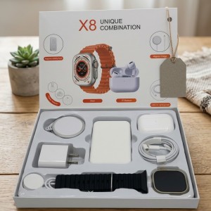 Kit de reloj inteligente smartwatch X8 con correa deportiva y accesorios incluidos, ideal para complementar el uso cotidiano. Venta por mayoreo