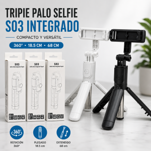 Trípode palo selfie S03 integrado y plegable, ideal para sostener el celular en fotos, video o videollamadas. Venta por mayoreo