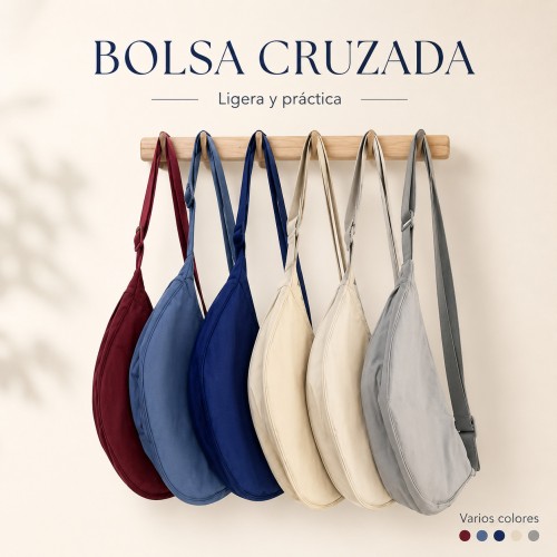Bolsa cruzada ligera y práctica para uso diario, con correa ajustable. Colores variados. Venta al por mayor