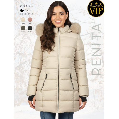 Chamarra Larga para Mujer  con Gorro y Pelo, Acolchada Invierno, Térmica y Ligera Con Forro de Peluche.   Gorro desmontable.  Venta al por mayor 3VT8341-1