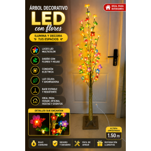 Árbol luminoso decorativo de piso con ramas, hojas y flores iluminadas en distintos colores. Ideal para ambientar hogares, negocios, eventos, fiestas y espacios especiales con un toque cálido y llamativo.