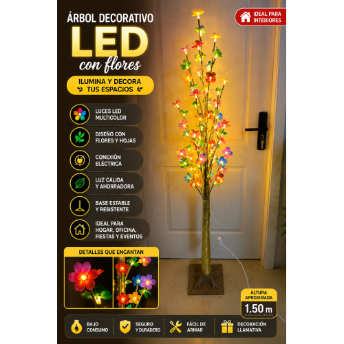 Árbol luminoso decorativo de piso con ramas, hojas y flores iluminadas en distintos colores. Ideal para ambientar hogares, negocios, eventos, fiestas y espacios especiales con un toque cálido y llamativo. Árbol luminoso decorativo de piso con ramas, hojas y flores iluminadas en distintos colores. Ideal para ambientar hogares, negocios, eventos, fiestas y espacios especiales con un toque cálido y llamativo.