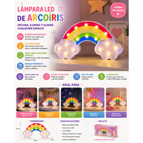 Ilumina cualquier espacio con esta encantadora lámpara LED de arcoíris. Su diseño con nubes y luces cálidas crea un ambiente acogedor, ideal para habitaciones infantiles, salas de juegos, fiestas o decoración del hogar. Ilumina cualquier espacio con esta encantadora lámpara LED de arcoíris. Su diseño con nubes y luces cálidas crea un ambiente acogedor, ideal para habitaciones infantiles, salas de juegos, fiestas o decoración del hogar.