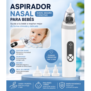 Aspirador nasal eléctrico diseñado para ayudar a retirar suavemente la mucosidad de la nariz del bebé. Su funcionamiento cómodo y delicado facilita la limpieza nasal en casa, especialmente durante resfriados o congestión.