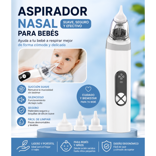 Aspirador nasal eléctrico diseñado para ayudar a retirar suavemente la mucosidad de la nariz del bebé. Su funcionamiento cómodo y delicado facilita la limpieza nasal en casa, especialmente durante resfriados o congestión.