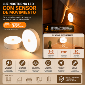 Lámpara LED compacta que se enciende automáticamente al detectar movimiento en lugares con poca iluminación. Ideal para pasillos, escaleras, recámaras, clósets y entradas.