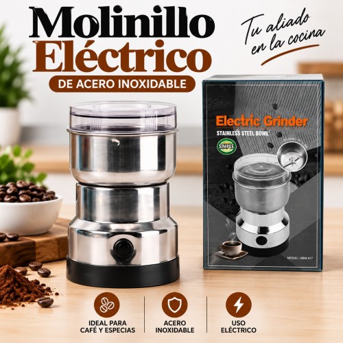 Molinillo eléctrico con recipiente de acero inoxidable, ideal para moler café y especias. Venta por mayoreo