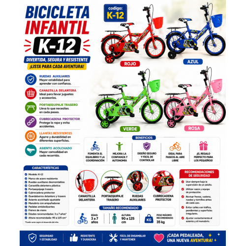 Bicicleta Infantil K-12 con Ruedas Auxiliares, Canastilla y Cubrecadena