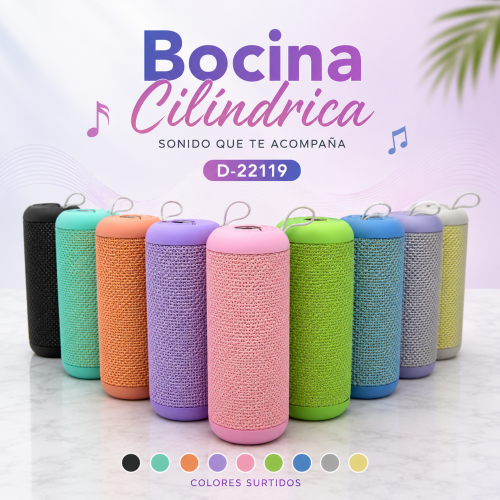 Bocina cilíndrica modelo D-22119 en colores surtidos y con asa superior, ideal para uso portátil.