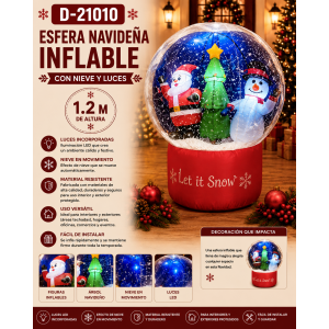 Esfera navideña inflable de 1.2 m con luces LED, figuras festivas y efecto de nieve en movimiento. Ideal para hogares, comercios y eventos.