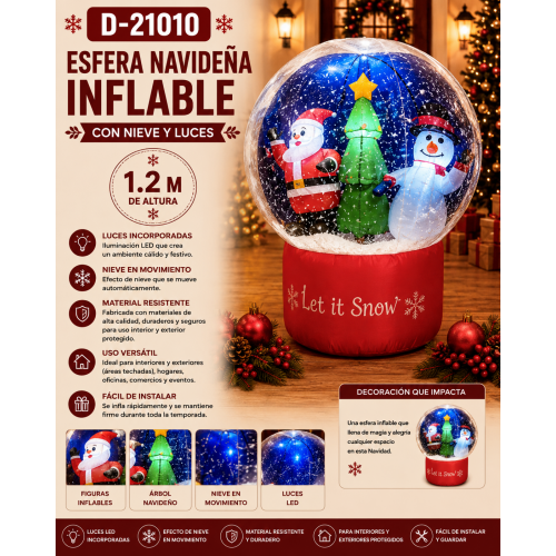 Esfera navideña inflable de 1.2 m con luces LED, figuras festivas y efecto de nieve en movimiento. Ideal para hogares, comercios y eventos. Esfera navideña inflable de 1.2 m con luces LED, figuras festivas y efecto de nieve en movimiento. Ideal para hogares, comercios y eventos.