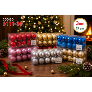 Set de esferas pequeñas en colores surtidos y acabados brillantes, mate y con diamantina. Ideales para decorar árboles de Navidad, coronas, guirnaldas, centros de mesa y manualidades.