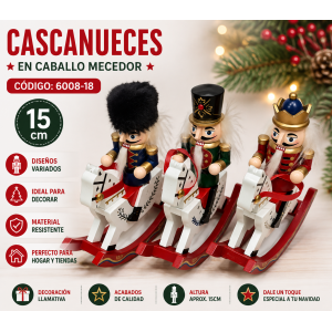 Figura decorativa de cascanueces montado sobre un caballo mecedor. Su diseño tradicional y colorido es ideal para complementar la decoración navideña de hogares, tiendas, aparadores y mesas.