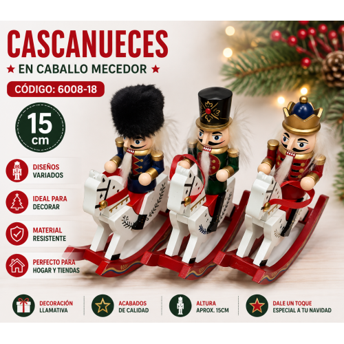 Figura decorativa de cascanueces montado sobre un caballo mecedor. Su diseño tradicional y colorido es ideal para complementar la decoración navideña de hogares, tiendas, aparadores y mesas.