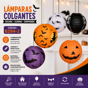 Lámparas colgantes decorativas Halloween código 6294-2 con diseños surtidos de calabaza, murciélagos, calavera y colores temáticos. Venta por mayoreo