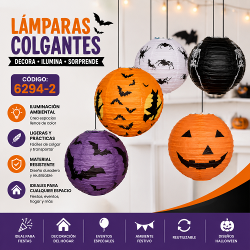 Lámparas colgantes decorativas Halloween código 6294-2 con diseños surtidos de calabaza, murciélagos, calavera y colores temáticos. Venta por mayoreo
