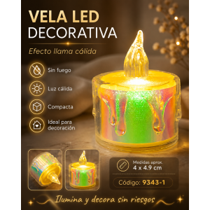 Pequeña vela luminosa con diseño de cera derretida y efecto visual de llama. Ideal para crear una decoración cálida en fiestas, centros de mesa, habitaciones y eventos.