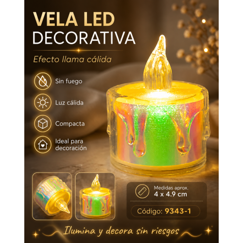 Pequeña vela luminosa con diseño de cera derretida y efecto visual de llama. Ideal para crear una decoración cálida en fiestas, centros de mesa, habitaciones y eventos.