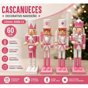 Figura decorativa de cascanueces con uniforme en tonos rosa y blanco. Ideal para ambientar hogares, tiendas, escaparates, fiestas y espacios navideños.