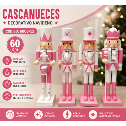 Figura decorativa de cascanueces con uniforme en tonos rosa y blanco. Ideal para ambientar hogares, tiendas, escaparates, fiestas y espacios navideños.
