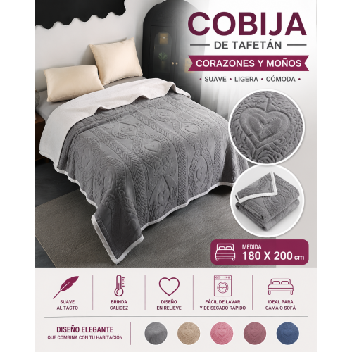 Cobija de tafetán de 180x200 cm con elegante diseño de corazones y moños en relieve. Suave, ligera, cómoda y perfecta para cualquier temporada. Cobija de tafetán de 180x200 cm con elegante diseño de corazones y moños en relieve. Suave, ligera, cómoda y perfecta para cualquier temporada.