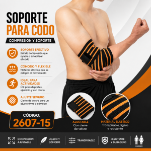 Soporte para codo código 2607-15 en color negro con líneas naranjas, diseño elástico y cierre de velcro para compresión ajustable. Venta por mayoreo