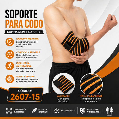 Soporte para codo código 2607-15 en color negro con líneas naranjas, diseño elástico y cierre de velcro para compresión ajustable. Venta por mayoreo