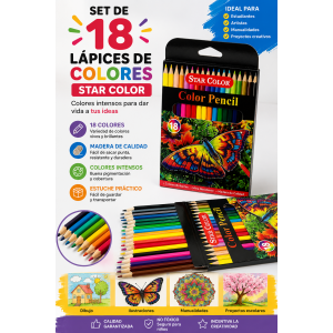 Despierta la creatividad con este práctico set de 18 lápices de colores Star Color. Sus colores intensos permiten realizar dibujos, ilustraciones y trabajos escolares con excelente acabado. Su estuche de cartón facilita el almacenamiento y transporte.