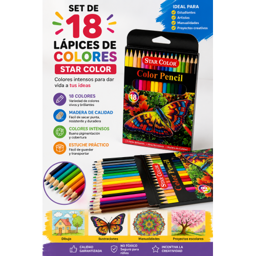 Despierta la creatividad con este práctico set de 18 lápices de colores Star Color. Sus colores intensos permiten realizar dibujos, ilustraciones y trabajos escolares con excelente acabado. Su estuche de cartón facilita el almacenamiento y transporte.