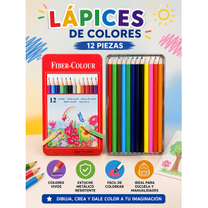 Lápices de colores surtidos con punta fina y pigmentación brillante. Incluye práctico estuche metálico para mantenerlos ordenados y protegidos.
