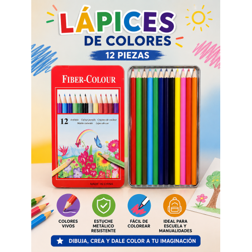 Lápices de colores surtidos con punta fina y pigmentación brillante. Incluye práctico estuche metálico para mantenerlos ordenados y protegidos. Lápices de colores surtidos con punta fina y pigmentación brillante. Incluye práctico estuche metálico para mantenerlos ordenados y protegidos.