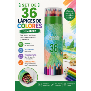 Da vida a tus dibujos con este práctico set de 36 lápices de colores elaborados en madera. Su presentación en tubo cilíndrico facilita el almacenamiento y transporte.