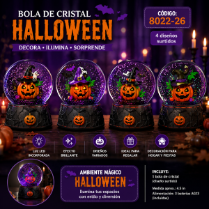 Bola de cristal decorativa Halloween código 6627-20 con base tipo tumba, diseño de calabaza y personajes surtidos. Venta por mayoreo