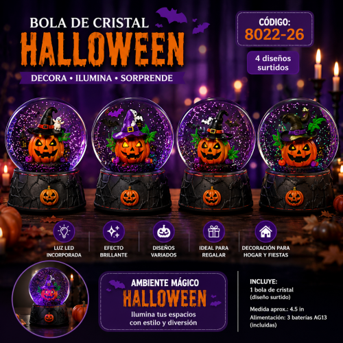 Bola de cristal decorativa Halloween código 6627-20 con base tipo tumba, diseño de calabaza y personajes surtidos. Venta por mayoreo