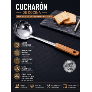 Cucharón práctico para servir sopas, caldos, salsas y otros alimentos líquidos. Cuenta con una cabeza metálica amplia y un mango ergonómico con acabado tipo madera para un agarre cómodo.