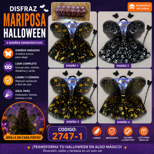 Disfraz de mariposa Halloween código 2747-1 con alas negras decoradas, diadema, varita y falda en diseños surtidos. Venta por mayoreo