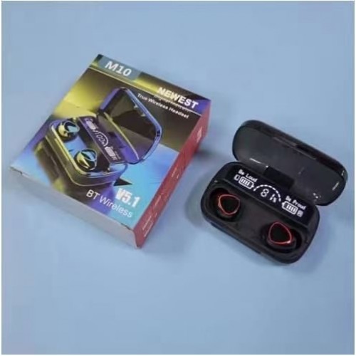 Audífonos Bluetooth inalámbricos M10 con pantalla digital LED que muestra el nivel de batería. Diseño TWS con estuche. Ideales para música, llamadas, deporte y uso diario. Mayoreo. EJ-0162.