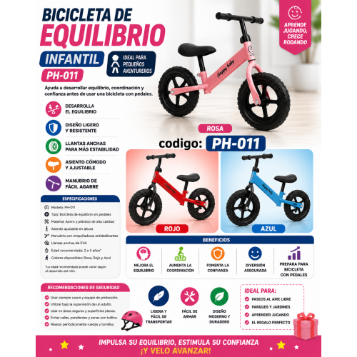Bicicleta de Equilibrio Infantil PH-011 sin Pedales con Asiento Ajustable