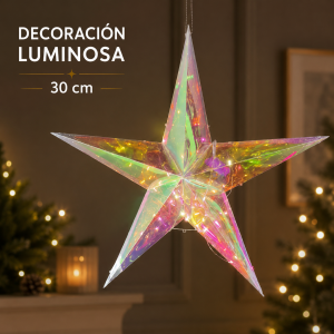 Estrella transparente con luces LED multicolor en su interior. Ideal para decorar ventanas, habitaciones, fiestas, aparadores y espacios navideños.