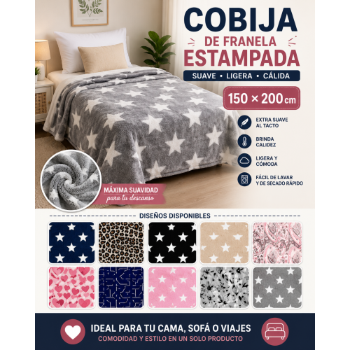 Cobija de franela estampada de 150x200 cm. Suave, ligera, cálida y disponible en diferentes diseños. Ideal para cama individual, sofá o descanso diario. Cobija de franela estampada de 150x200 cm. Suave, ligera, cálida y disponible en diferentes diseños. Ideal para cama individual, sofá o descanso diario.