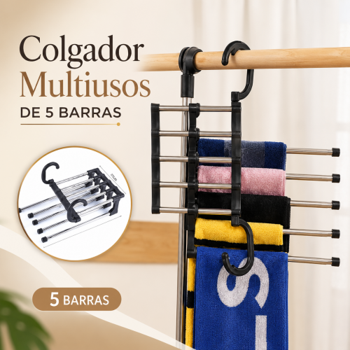 Colgador multiusos de 5 barras para organizar pantalones, toallas y prendas en el clóset. Venta por mayoreo