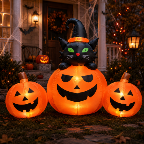 Decora tu hogar este Halloween con un inflable de 3 calabazas con gato negro de 1.2 metros. Incluye luces LED, inflado automático, estacas y cuerdas para una instalación rápida.