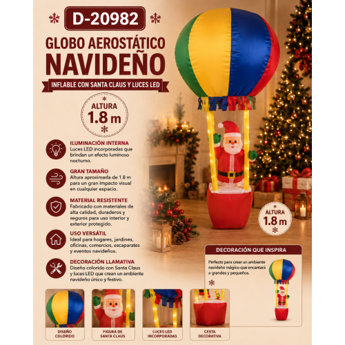 Globo Aerostático Navideño Inflable con Santa Claus y Luces LED 1.8 m – D-20982