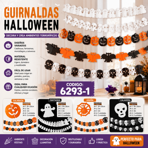Guirnaldas decorativas de Halloween código 6293-1 con diseños surtidos de calabaza, fantasma, araña y calavera para colgar. Venta por mayoreo
