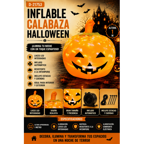 Inflable Calabaza Halloween con Luces LED Integradas 1 Metro D-21753