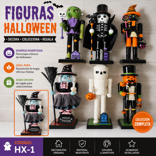 Figuras decorativas de Halloween modelo HX-1 con personajes surtidos, bases de exhibición y detalles coloridos para decoración temática. Venta por mayoreo