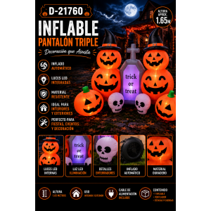 Decora tu hogar este Halloween con un inflable triple de 1.65 metros. Incluye luces LED internas, inflado automático y accesorios para instalación en interiores o exteriores.