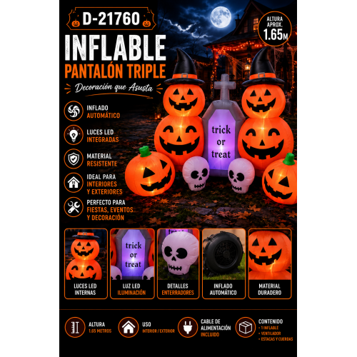 Decora tu hogar este Halloween con un inflable triple de 1.65 metros. Incluye luces LED internas, inflado automático y accesorios para instalación en interiores o exteriores.