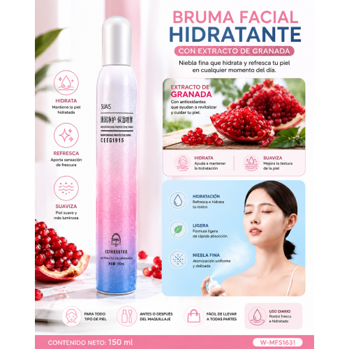 Bruma facial en spray con extracto de granada, ideal para refrescar e hidratar la piel durante el día. Su atomizador produce una niebla fina y de rápida aplicación.